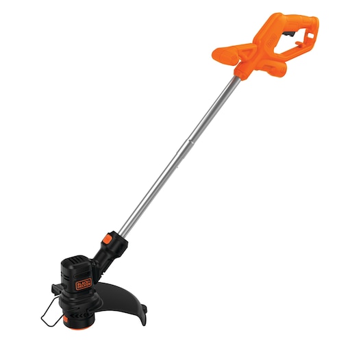 BLACKDECKER string trimmer BEST935, orange and black, side angle on white background.