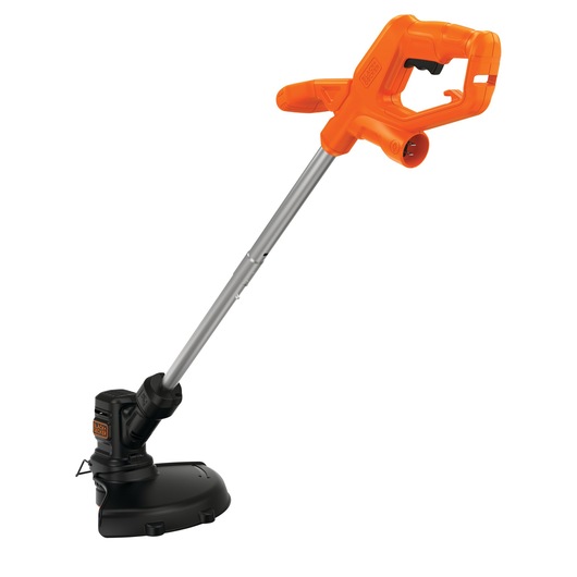 BLACKDECKER BEST935 string trimmer with orange handle, black base, side angle, on white background.