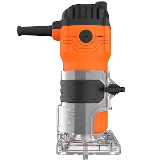 BLACKDECKER BETR0500 compact wood router front view, orange and black housing, transparent base.