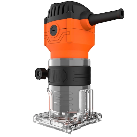 BLACKDECKER BETR0500 compact router with orange and black housing, clear base, front angle on white background.