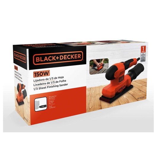 Box of a BLACK+DECKER 1/3 sheet finishing sander, model BEW220, 150W, displayed with product images and features, including a dust collector.
