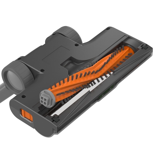 BLACK+DECKER BHFEA18D1 vacuum cleaner brush head with orange rotating brush, close-up on white background.