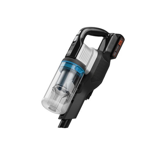 BLACKDECKER handheld vacuum cleaner with transparent canister, black and blue design, BHFEB520D1, side angle.