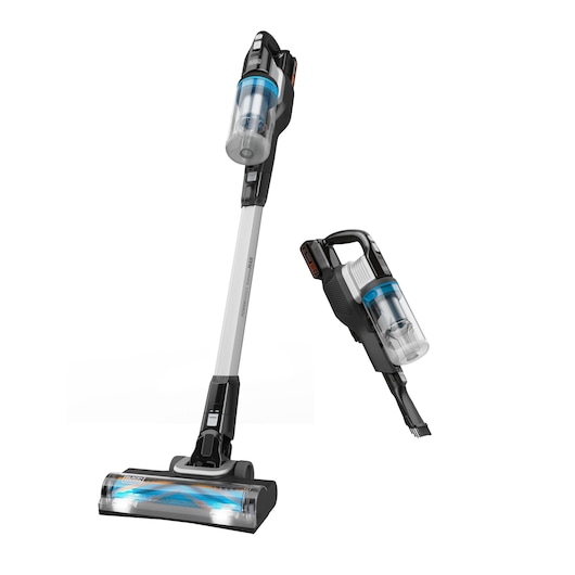 Photo of BLACKDECKER BHFEB520D1 cordless stick vacuum and handheld vacuum on white background.