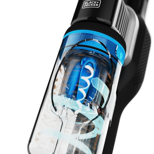 BLACK+DECKER BHFEB520D1 handheld vacuum close-up showing clear dust container and blue filter system.