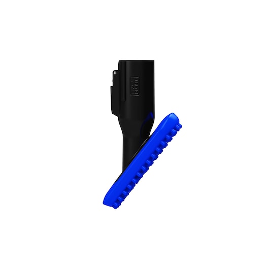 Photo of BLACKDECKER BHFEB520D1 vacuum brush attachment, black handle with blue bristles, side angle.