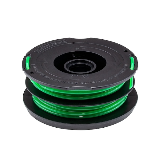 BLACKDECKER DF-080 dual line trimmer spool with green trimmer line, front angle on white background.