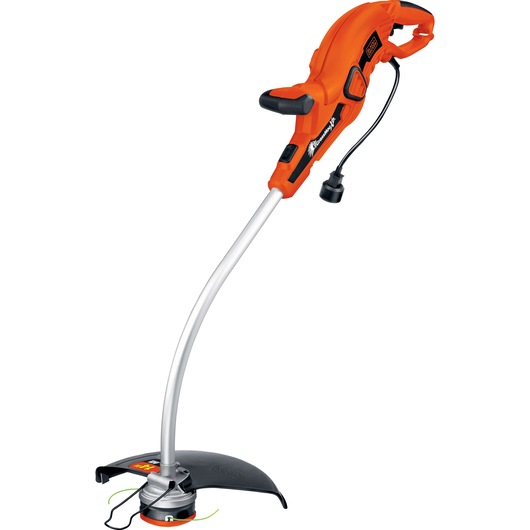 Photo of BLACKDECKER GL1000 orange electric string trimmer with curved shaft, side angle on white background.