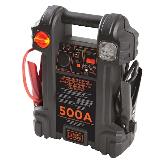 BLACKDECKER JS500CC portable jump starter 500A with LED light and attached jumper cables, front angle.
