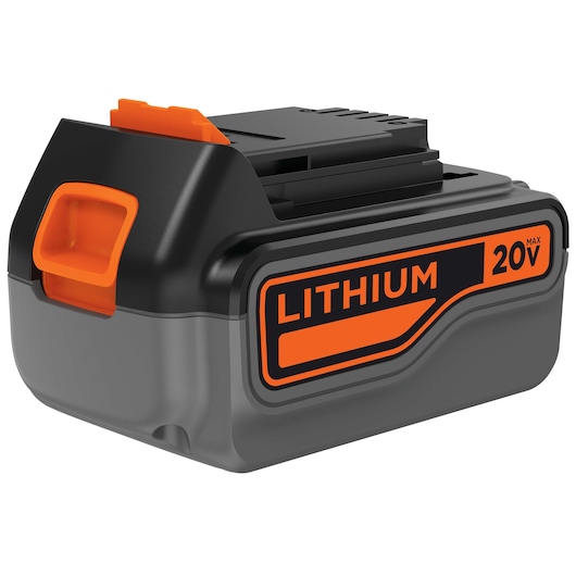 BLACK+DECKER LB2X4020 lithium 20V max battery, black and gray with orange accents, angled side view, white background.