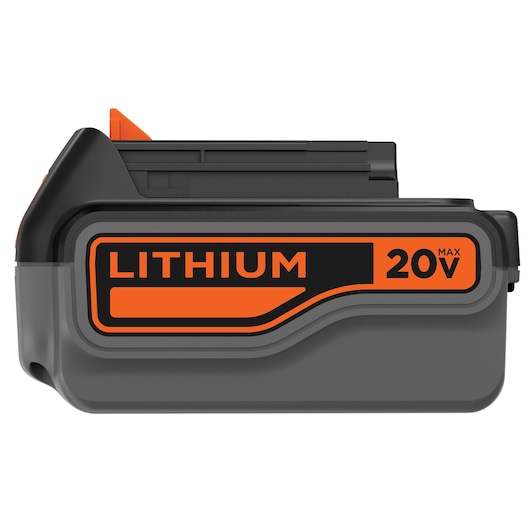 BLACKDECKER LB2X4020 20V lithium battery, black and gray side angle, orange accents, photography