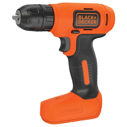 Photo of BLACK+DECKER LD008KA cordless drill, side angle, orange and black design, with visible lithium battery.