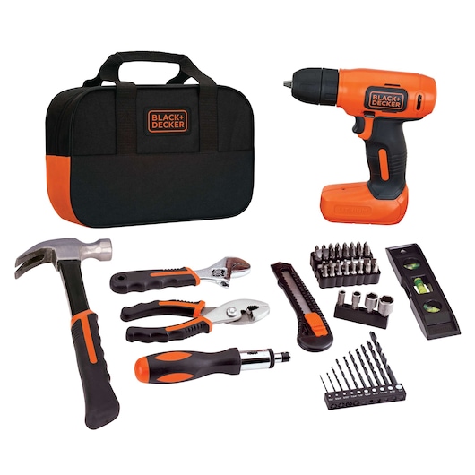 BLACK+DECKER LD008KA tool kit with cordless drill, black and orange bag, hand tools, drill bits, and accessories, front view.