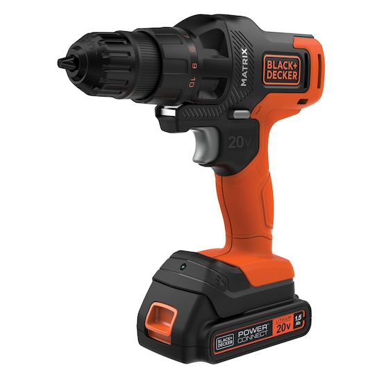 A BLACK+DECKER cordless power drill with a black and orange design, featuring a 20V lithium battery and ergonomic handle.