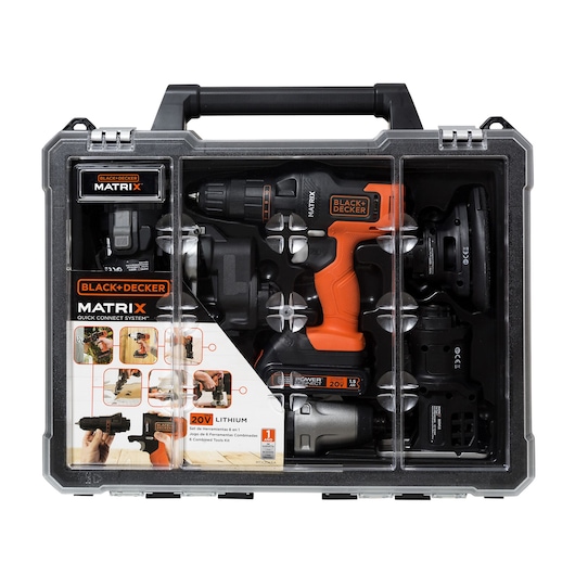 A BLACK+DECKER MATRIX Quick Connect System 20V Lithium tool kit in a transparent carrying case, showing the orange and black power drill and multiple tool attachments. The package includes illustrations highlighting the tool's versatility and features.