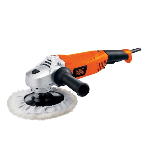 BLACKDECKER WP1500K orange electric polisher with side handle, photography, front angle on white background.