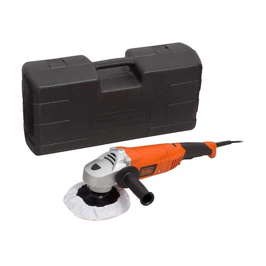 Photo of BLACKDECKER WP1500K orange electric polisher with black carry case, angled view.