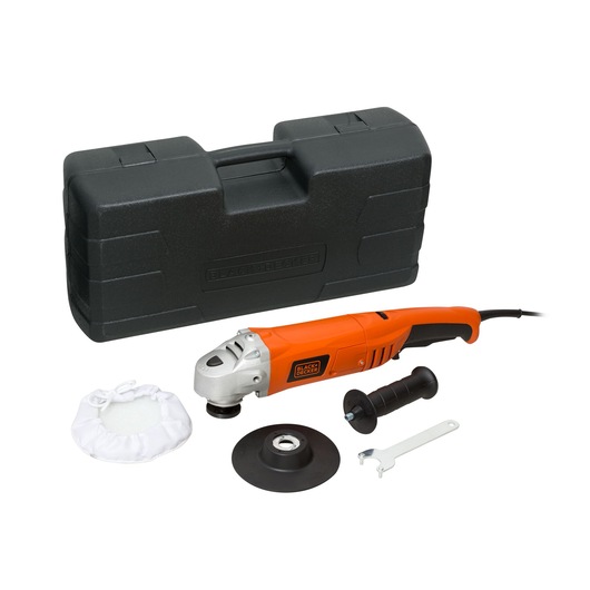 BLACKDECKER WP1500K orange corded polisher kit with handle, pad, wrench, cloth and black carrying case, photo front angle.