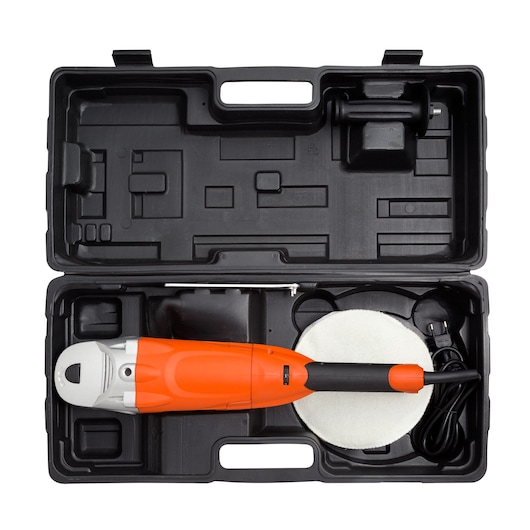 BLACKDECKER WP1500K orange and black polisher with case, photographed from above.